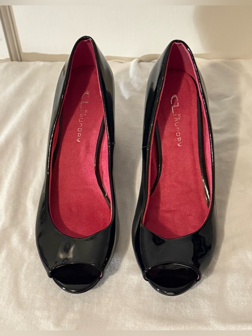 CL by Laundry Natashia Black Patent Peep Toe Wedge Pumps